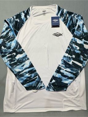 Palmyth Performance Long Sleeve Fishing Shirt - White with Blue Camo Sleeves